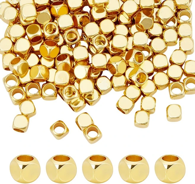 1세트 18K 금도금 비즈 200개 큐브 스페이서 비즈 4mm 정사각형 금속 비즈 쌓을 수 있는 팔찌 비즈 여름 보석 만들기 공예 목걸이 팔찌 귀걸이, Real 18K Gold Plated, 1 - 쿠팡