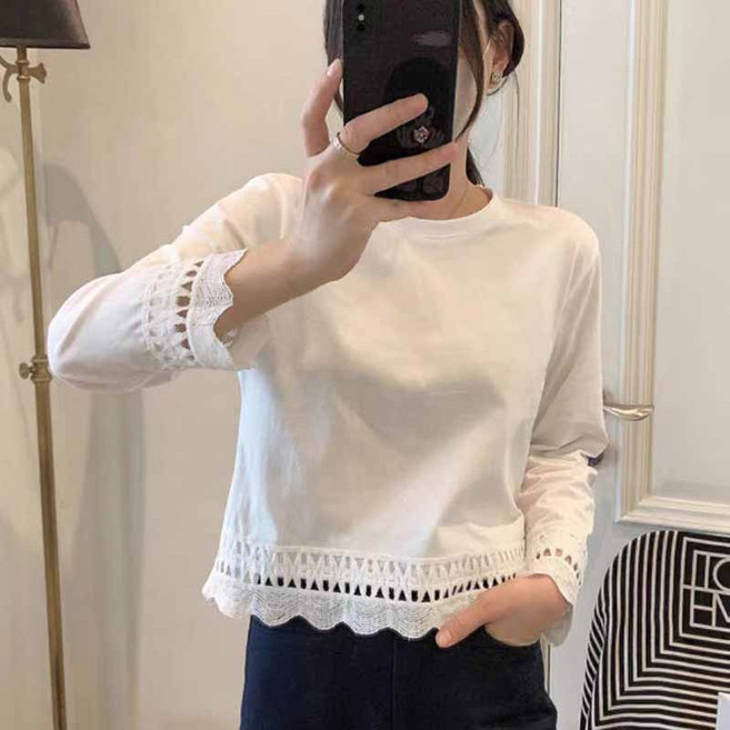 AOKADA 여성 레이스 긴팔 티셔츠 봄 가을 이너티 면티