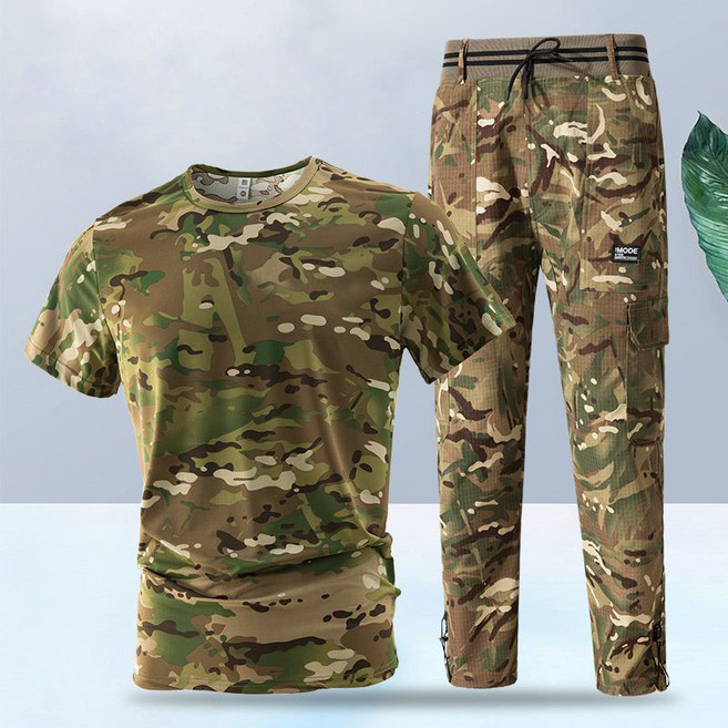 AOUGK 남성 밀리터리 세트 반팔티+스판바지 세트 전술복 세트 아웃도어 카모플라쥬 세트 등산복 세트, 노란색