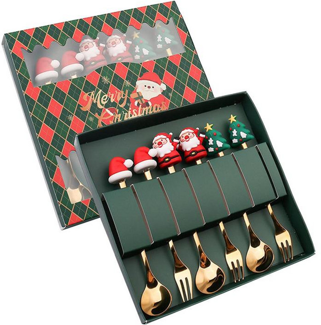 GHSHOP 6Pcs Xmas 칼붙이 키트 선물 상자가있는 스테인레스 스틸 디저트 스푼 포크 커트러리 세트 파티 레스토랑 용 크리스마스 스푼, 18.4cmx18.2cm, 스타일 D, 1개