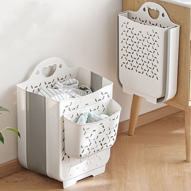 이지유 폴딩 부착 빨래 바구니 틈새 접이식 세탁 바스켓, 화이트