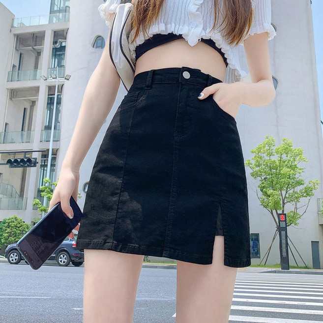 牛仔短裙 高腰 彈力 包臀裙 A字裙 半身裙 夏季 女裝 開叉設計 修身顯瘦+黑色+XL