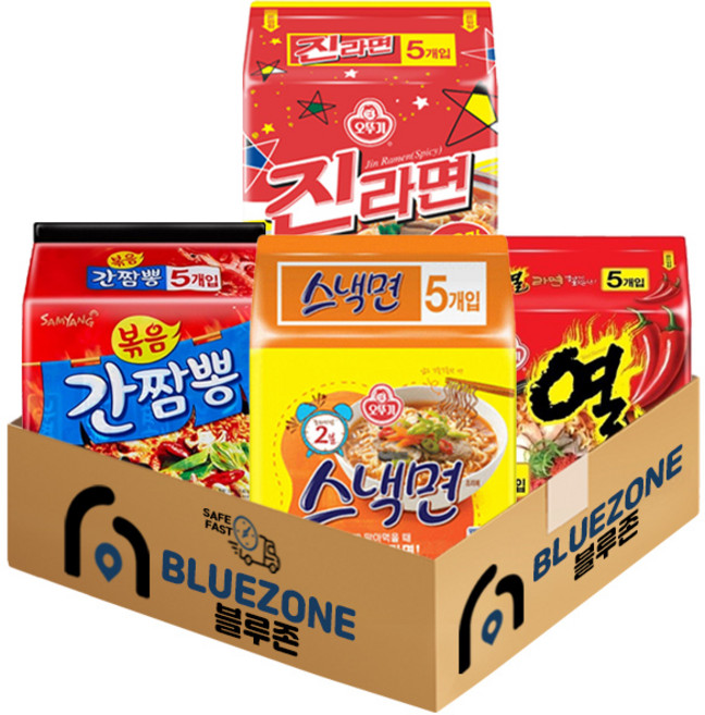 [블루존] 오뚜기 삼양 봉지라면 4종 세트 (스낵면 5입 + 진라면매운맛 5입 + 열라면 5입 + 간짬뽕5입), 1세트