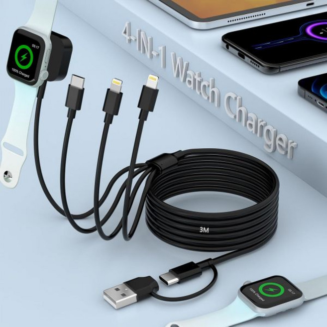 MTAKYI 여행용 6-in-1 멀티 USB C 범용 애플 스마트 워치 고속 충전 케이블 3M 타입 + A 시계 충전기 라이트닝2 코드 콤보 어댑터 아이워치 시리즈 8 7 6, 3M Black, 1개, 3M+검정
