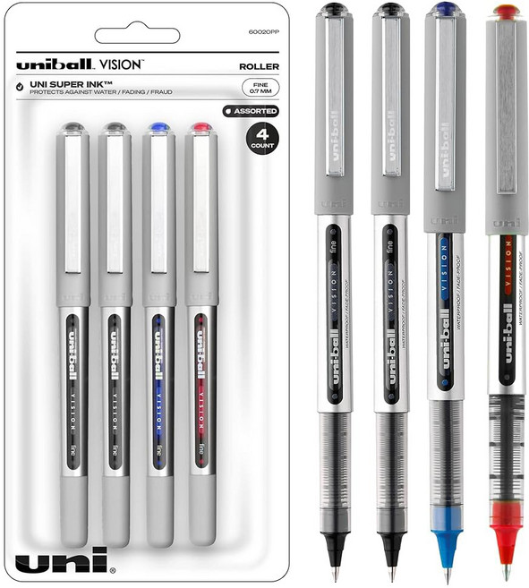 유니볼 비전 롤러볼 블랙 펜 팩 4개 - 파인 포인트 저널링 펜 0.7mm 미디엄 블랙 잉크 - 교사용 펜 부드러운 필기 일본 펜 학용품, Business