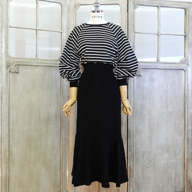 이힝 머메이드 스트라이프 배색 긴팔 롱원피스