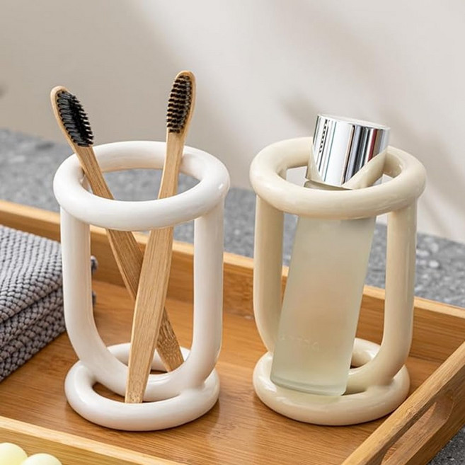 세라믹 칫솔꽂이 도넛 오브제 모던 칫솔 거치대 연필 다용도 홀더, 2개, 크림