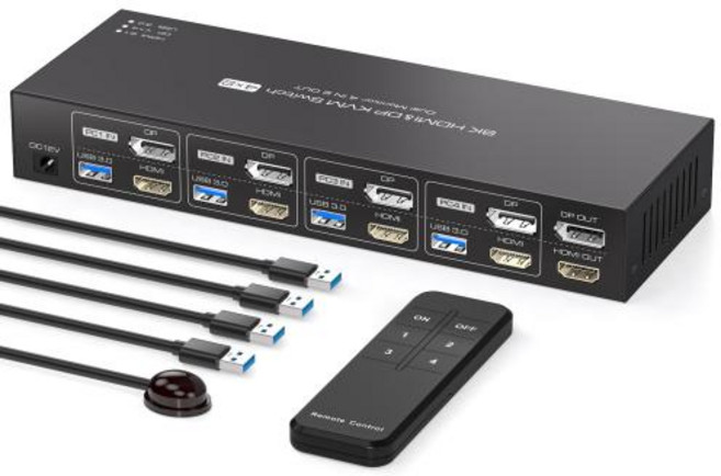 8K 디스플레이 포트 HDMI KVM 스위치 컴퓨터 4 개 모니터 2 개 모니터 4 개 USB 3.0 장치 4 개 듀얼 모니터 4 개, 3) AU Power Plug, 1개