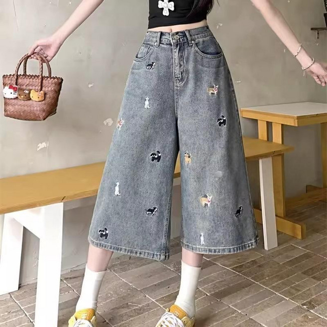 刺繡牛仔七分褲 復古百搭顯瘦