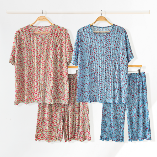 퀸즈몰 여성 여름 냉감 주름 꽃무늬 반팔 반바지 세트 프로럴 플리츠 상하의 431