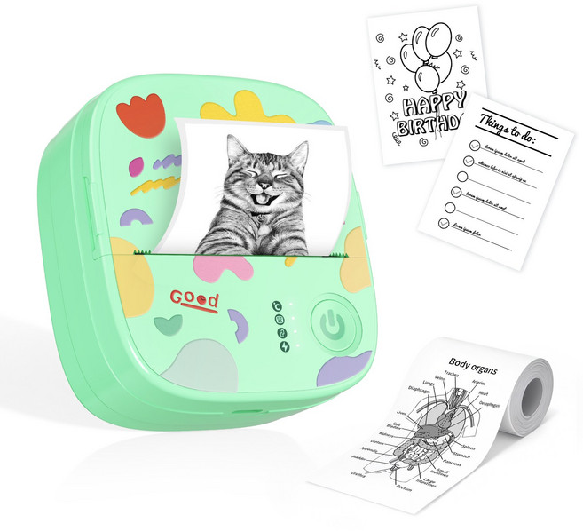 INSE 미니 라벨기 블루투스 감열식 휴대용 무선 라벨 프린터+라벨지*4, 1개, 그린