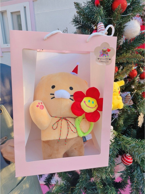 정품 춘식이 산타모자 스마일꽃 인형꽃다발 선물세트/여자친구선물 크리스마스선물 졸업선물 생일, 산타모자헬로우춘식이+종이백+스마일꽃(포장X), 흰색종이백, 1개