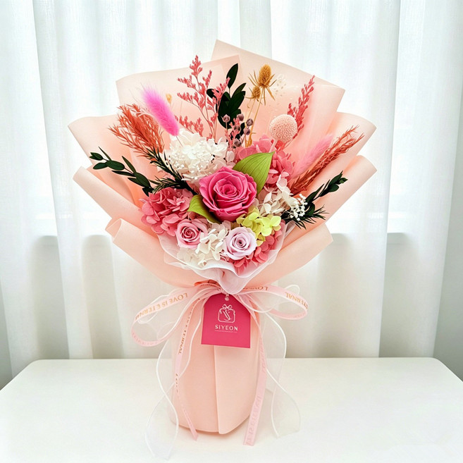 시연플라워 생화 프리저브드 꽃다발 ( 28cm X 38cm ) + 쇼핑백, 3 핑크