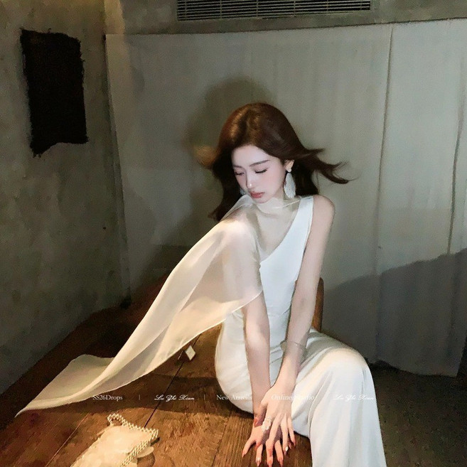 劉智賢 法式感連衣裙 輕禮服 斜肩收腰包臀生日裙子