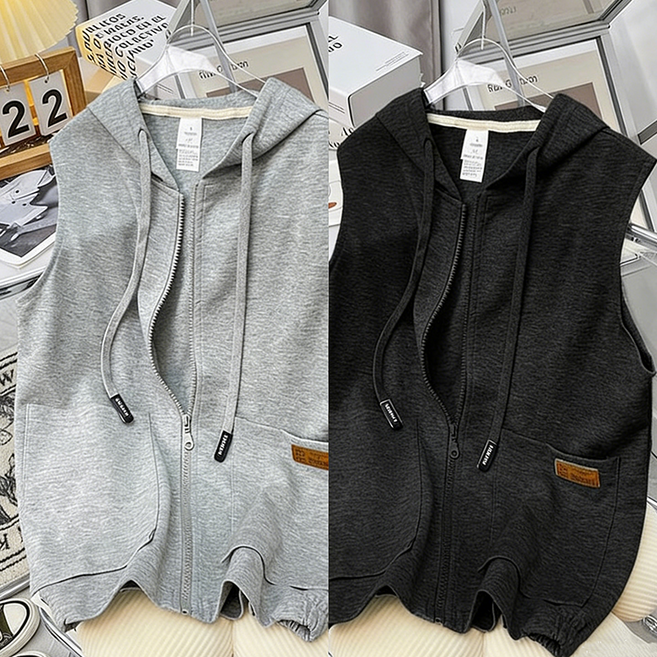 ORZQU 1+1 여름 여성 얇은 솔리드 민소매 탑 캐주얼 포켓 후드 조끼 코트