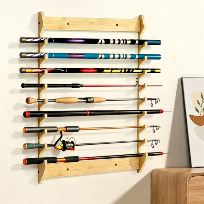 낚시 로드 거치대 벽걸이형 9 구, 나무