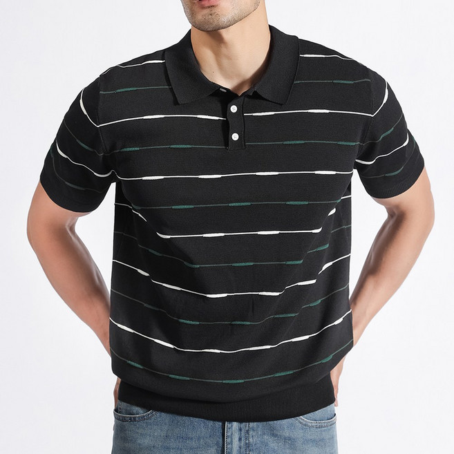 글리멜로 남성 여름 스트라이프 니트 카라 티셔츠