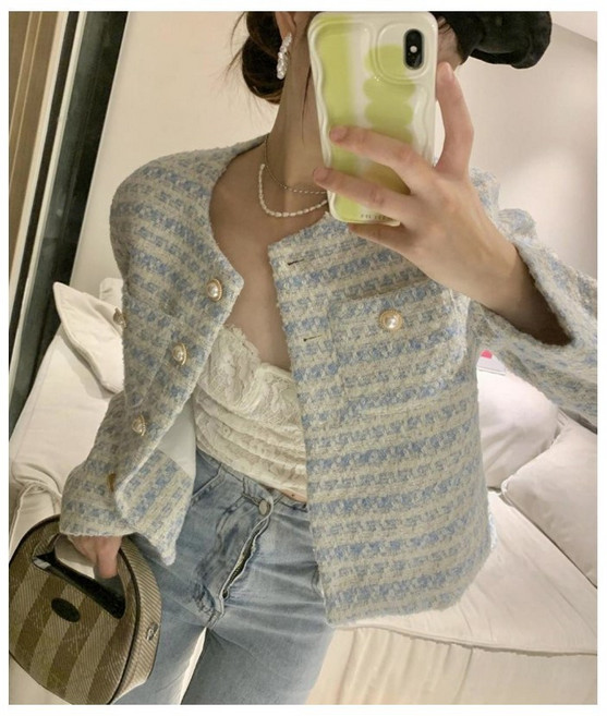 우아한 봄 스타일 진주단추 노카라 트위드 숏 자켓 | 간절기 아우터