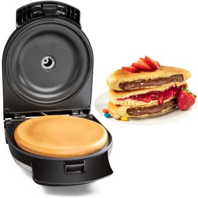 전기 팬케이크 메이커 - 몇 분 만에 거대한 팬케이크나 와플을 만들어 보세요 맛있는 아침 식사나 디저트를 위한 속재료를 추가하세요 간편한 사용을 실리콘 반죽 깔때기가 있는 논스