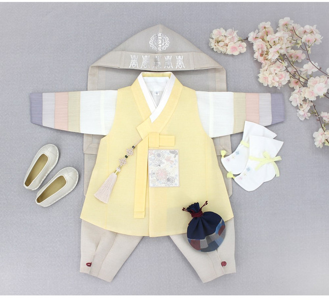 남아 꽃자수 보드레 배자(노랑/베이지) 색동저고리 유아 왕옷 주니어 초등 고급 왕자한복