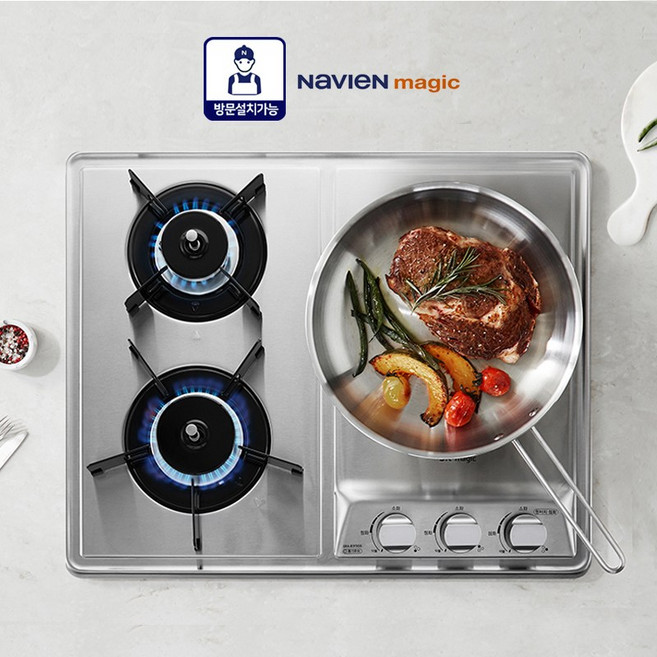 나비앤매직 GRB4103 (구GRAB3216D호환) 매립형 3구 빌트인 가스쿡탑 스테인레스 상판 560X430 440, LNG, 설치요청(설치비현장지불), 건전지형, GRB4103N