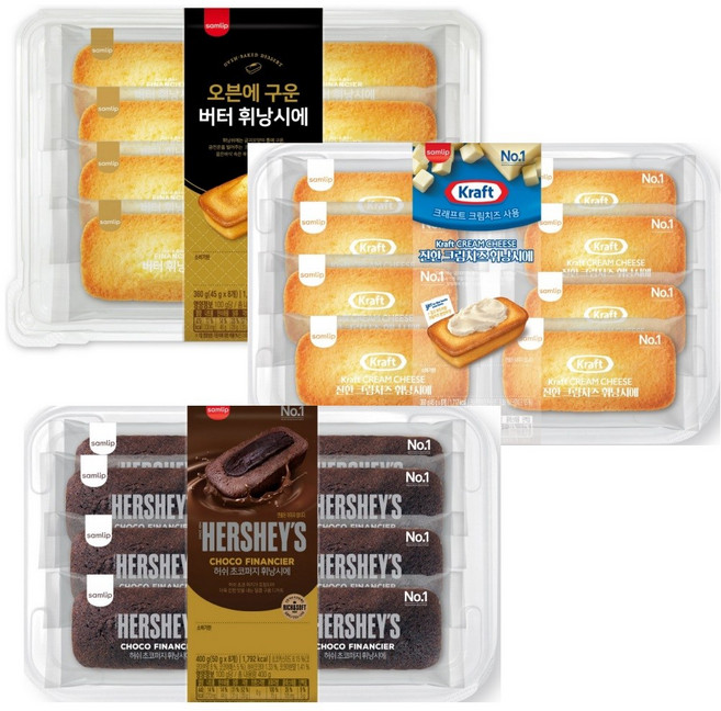 대용량 사무실 간식 삼립 샤니 삼립 휘낭시에 3종 8개입 3개 (버터 초코퍼지 크림치즈), 1세트, 400g