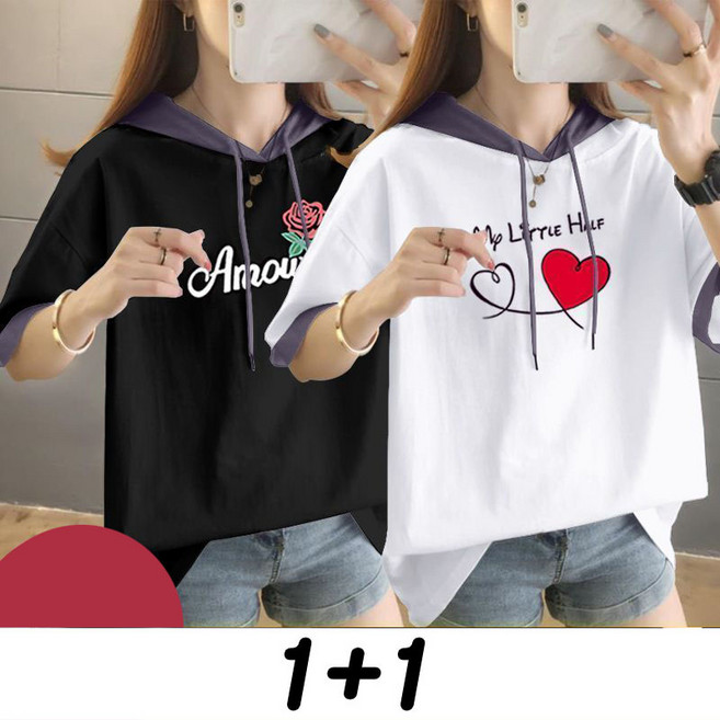 1+1 여성 반팔 티셔츠 여름 순면 심플 얇은 후드 티셔츠 캐주얼 기질 반팔티 루즈핏 슬림핏 반팔 상의 YMY