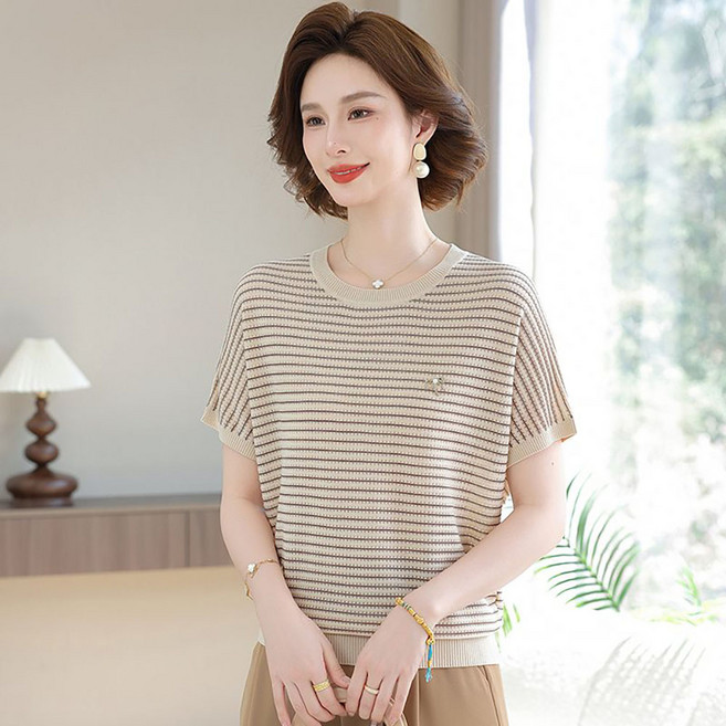 지고다그 여성용 여름 스트라이프 반팔 상의 데일리 티셔츠 라운드 FTA0219