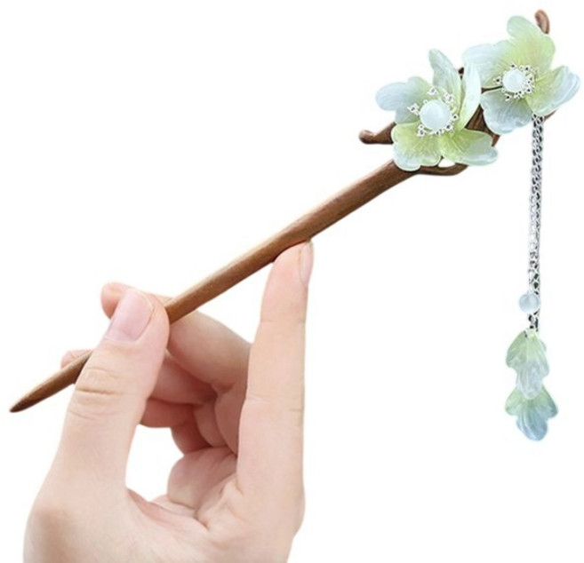 綠檀花朵簪子流蘇吊墜髮簪 簡約古風木簪 新中式盤髮髮釵