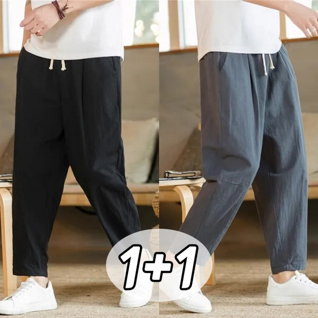 1+1 남자 통기성 9부 면마바지 봄여름 캐주얼 배기바지 일자 슬랙스 린넨팬츠
