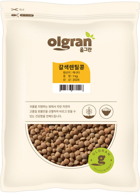 올그란 갈색 렌틸콩 브라운 렌즈콩, 1개, 1kg