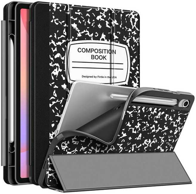 Fintie 삼성 갤럭시 탭 S10 라이트/S10 FE/ S9 FE 5G 10.9인치/탭 11인치용 슬림 케이스 내장 S펜 홀더 부드러운 TPU 스마트 스탠드 백 커버 자동 웨, 컴포지션 북 블랙, 컴포지션 북 블랙