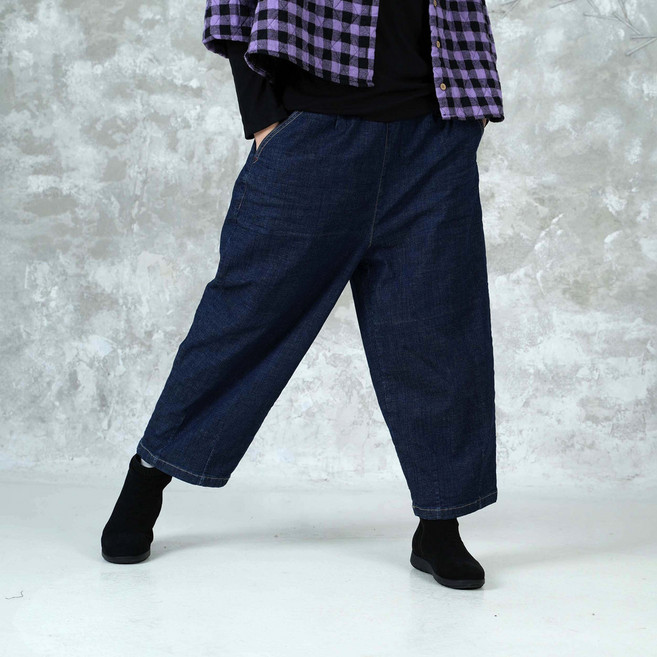 벅시루 여성 노바디진 밑단다트 스판 진청 여자 미시룩 통 9부 밴딩 청바지 438