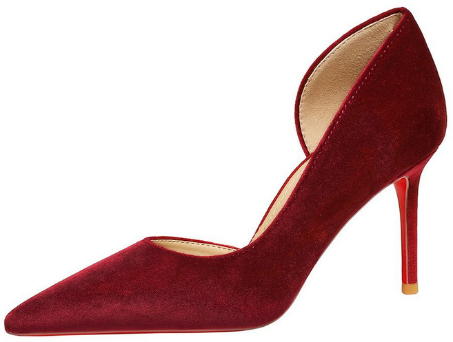 絲絨側空尖頭細跟高跟單鞋女 紅底歐美風格, 1個, 9269-A酒紅 7.5厘米37