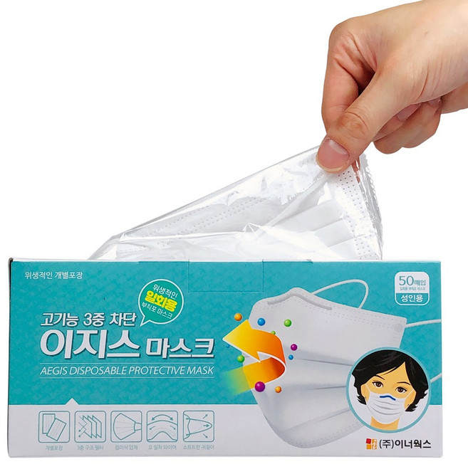 AEGIS 3중 차단 일회용 부직포 마스크 개별포장 성인용, 50개입, 1개, 화이트