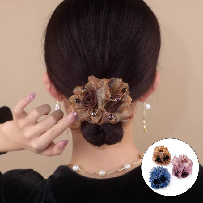 비즈 플라워 쉬폰 곱창밴드 3p 세트 헤어끈