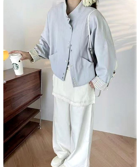 春季韓版條紋拼接立領外套女