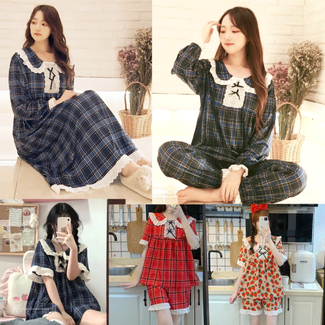 긴팔 원피스 잠옷 투피스 네이비 체크 부드러운 원단 파자마 파티 홈웨어 임부복 롱원피스 임산부 오버핏