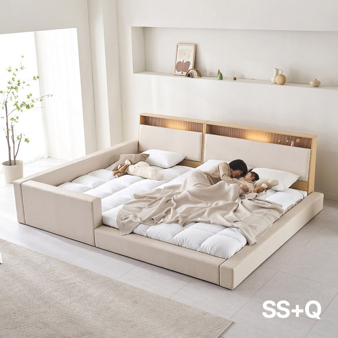 아씨방가구 릴렉스업 저상형 LED 수납 세이프 패밀리침대 SS+Q, 파스텔 화이트