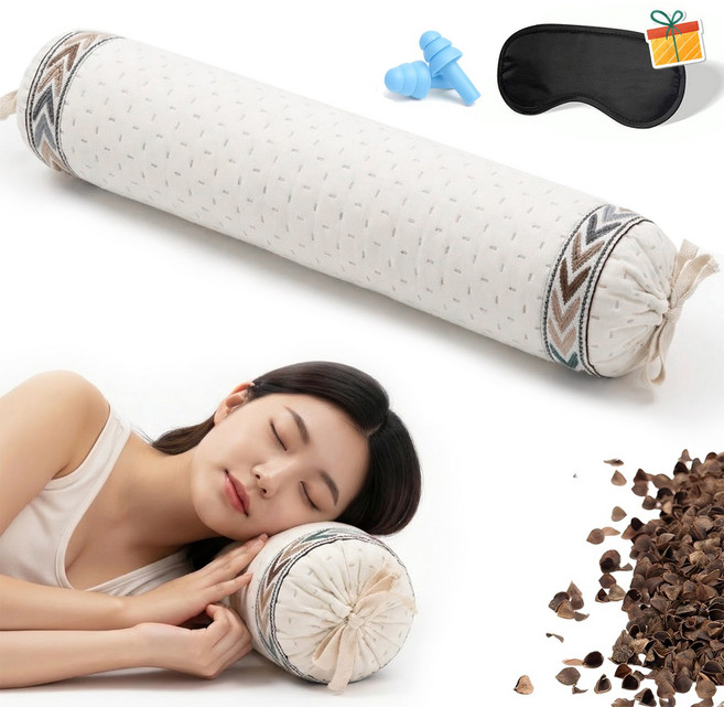 Novah 원통형 메밀베개 통기성 좋은 논슬립 편안한 베개, 1개, 아이보리