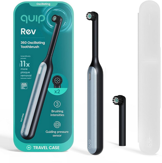 추가 브러시 헤드가 있는 Quip Rev 진동 충전식 전동 칫솔 - 부드러운 칫솔 압력 센서 3가지 강도 30일 배터리 수명 2분 타이머 여행 케이스 미러 마운트 -, Blue Stone