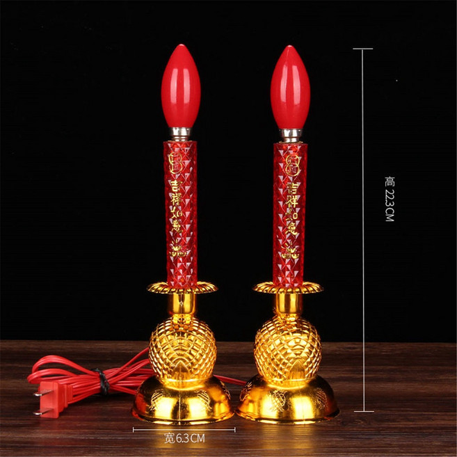 龍鳳燭臺 電子蠟燭 LED插電供佛 財神 拜拜用品 祖先燈 神明用品 神明桌燈座, 紅柱金底 小號燭台一對,LED款（配兩對LED燈泡）, 1個