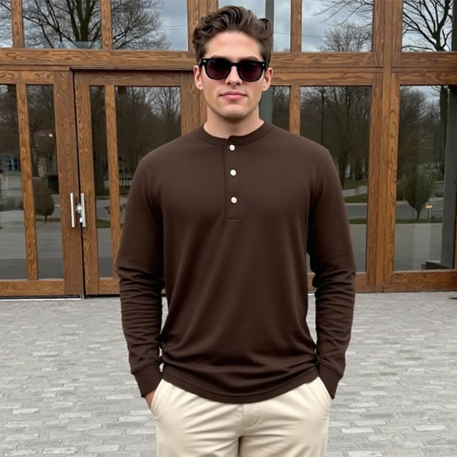 [펜타온] 와플조직 3버튼 스탠다드 아미핏 긴팔 라운드 티셔츠