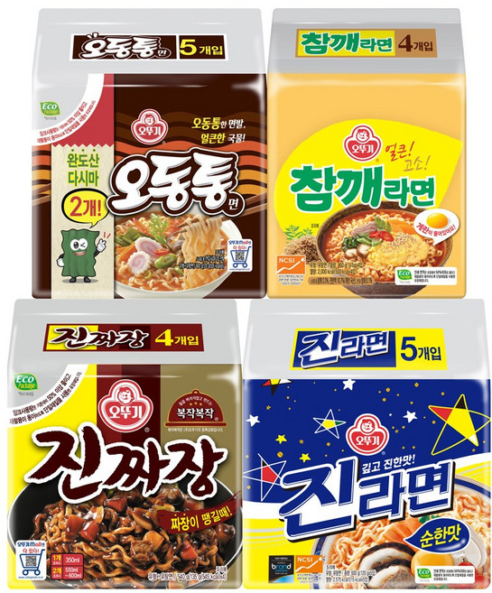 오뚜기 진라면 순한맛 5입+오동통면 5입+진짜장 4입+참깨라면 4입 세트, 18개