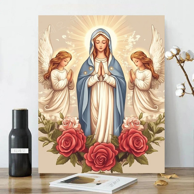 보석십자수 캔버스형 원형비즈십자수 DIY키트 40x50cm 3D 대형 선물용 재물 객실 풍수 인테리어, 1세트, 21 성모 마리아 장미꽃