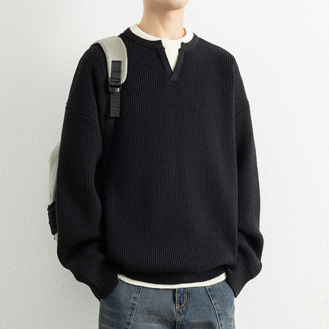 ANYOU 남성 2in1 니트 풀오버 오버핏 맨투맨 스웨트셔츠 데일리 베이스 레이어