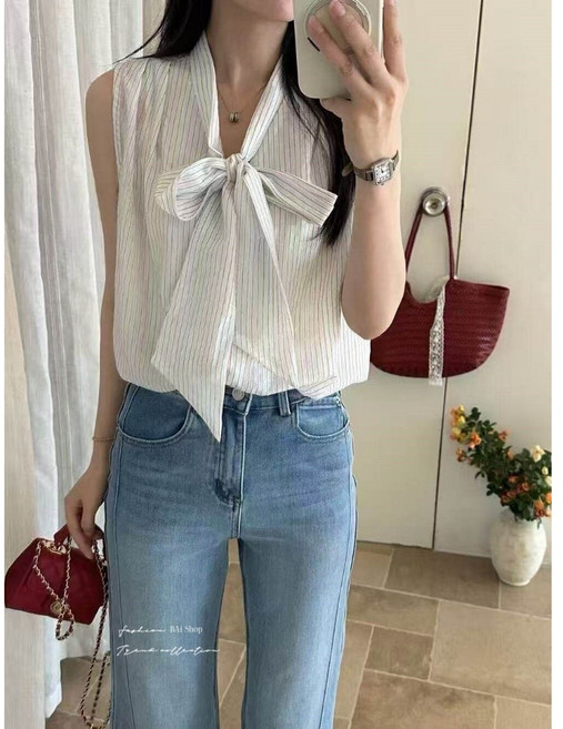 條紋飄帶 V領領結無袖襯衫上衣