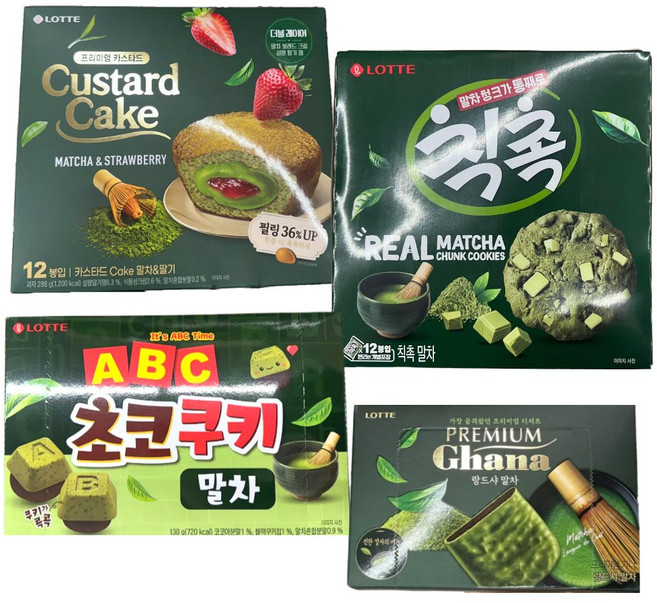 롯데 말차 과자 종합세트 카스타드 cake 말차&딸기 288g + 칙촉 말차 180g + ABC초코쿠키말차 130g + 가나 프리미엄 랑드샤말차쇼콜라 91g + 말차 빼빼로 37g, 1세트, 혼합