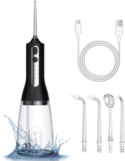 UV살균 휴대용 구강세정기 300ml 대용량 용량 자외선 살균 스케일링 맥동 수압 4개 교체 노즐 포함, 블랙 F600, F600