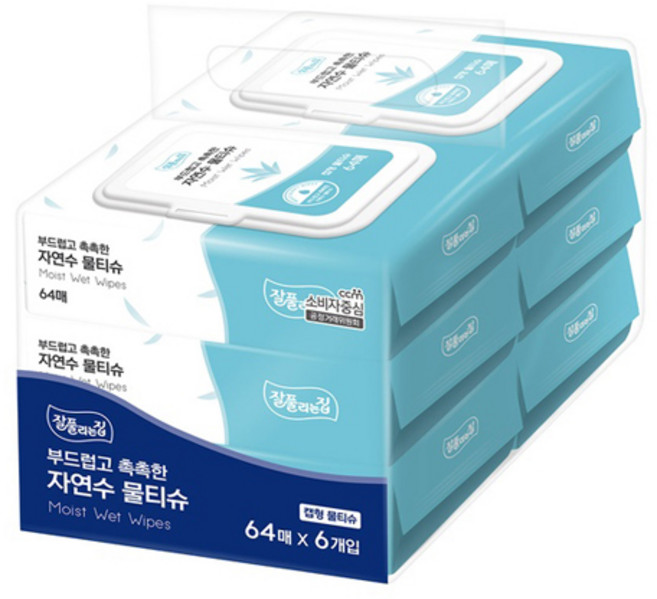 [코리아스퀘어] 잘풀리는집 자연수 물티슈 캡형 64매x6개입, 64매, 6개